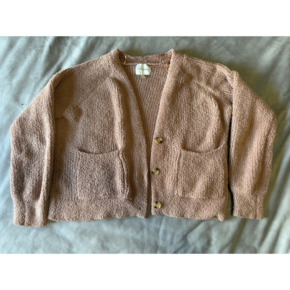 Pink‎ Rose Popcorn Knit Cardigan Mauve Pink Button Front Sweater Medium